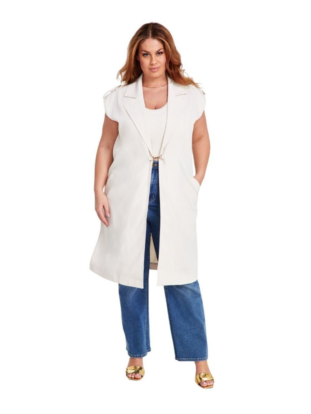 NWT Nina Parker Clasp-Front Duster Vest 323-B178W Winter Oat Off White 3X